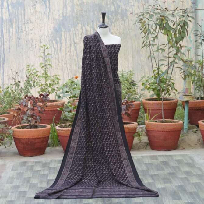 Organic Dye Hand Block Printed Ajrak Black Kerry Un-Stitched Two-Piece Set featuring elegant shirt and dupatta.