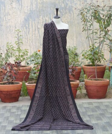 Organic Dye Hand Block Printed Ajrak Black Kerry Un-Stitched Two-Piece Set featuring elegant shirt and dupatta.