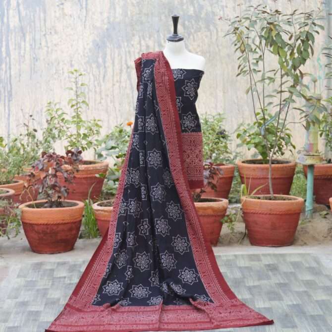 Front view of the Organic Dye Hand Block Printed Ajrak Black Starry Un-Stitched Two-Piece featuring intricate floral and geometric patterns in deep black and maroon.