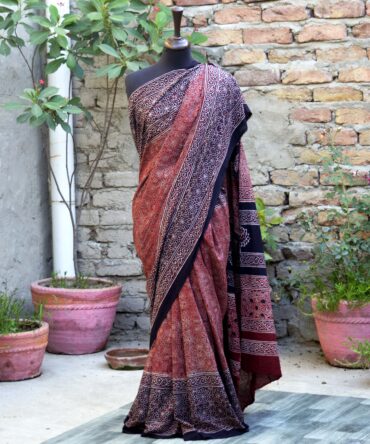 Ajrak Saree Red, Ajrakh , Sartiyoon, Organic Dye, Hand Block Print