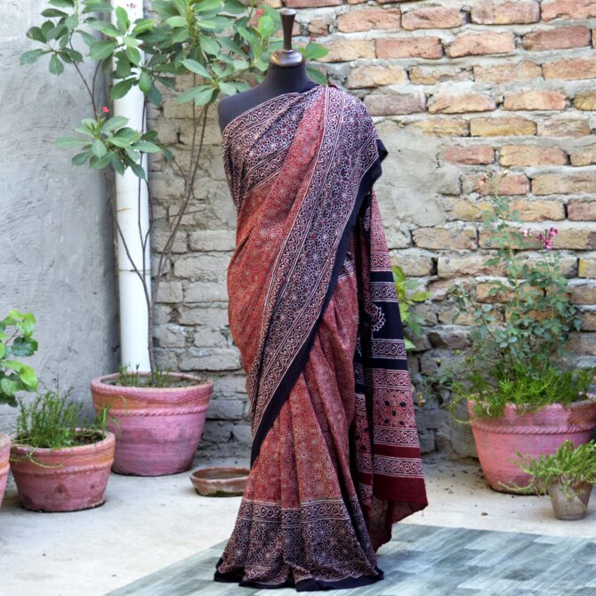 Ajrak Saree Red, Ajrakh , Sartiyoon, Organic Dye, Hand Block Print