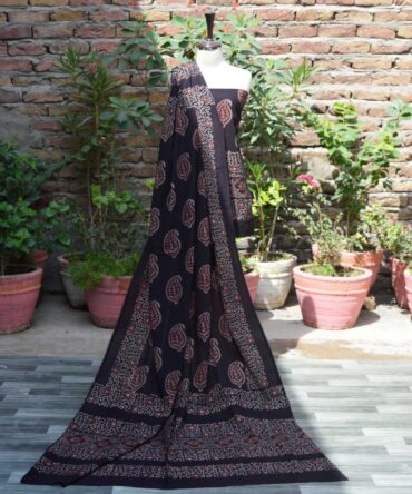 Organic Dye Hand Block Printed Ajrak Black Anbi Kakkar Un-Stitched Two-Piece (Shirt and Dupatta) featuring intricate geometric and floral patterns.