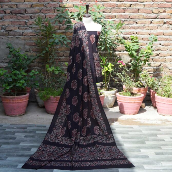 Organic Dye Hand Block Printed Ajrak Black Anbi Kakkar Un-Stitched Two-Piece (Shirt and Dupatta) featuring intricate geometric and floral patterns.