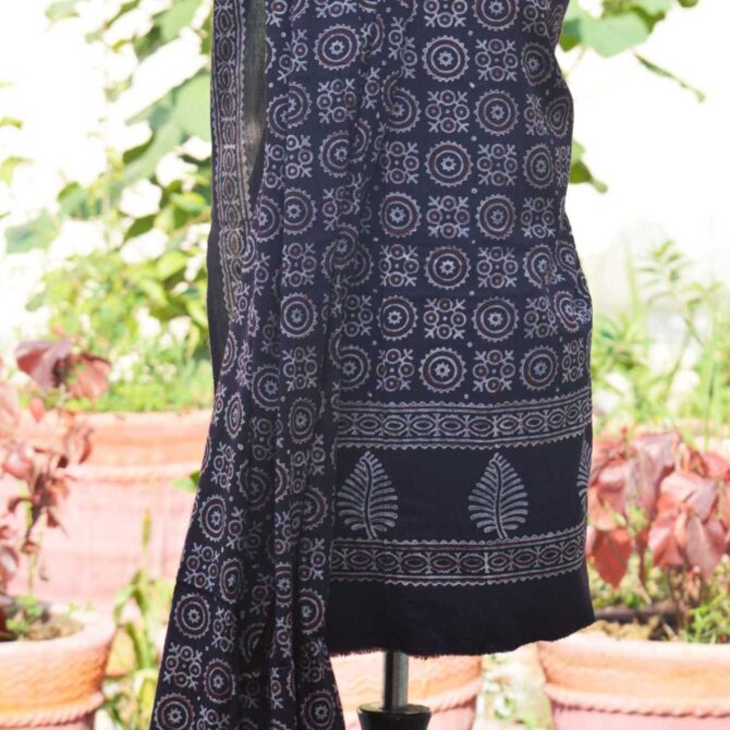 Handcrafted Ajrak Black MJD unstitched two-piece with rich patterns and eco-friendly organic dyes.