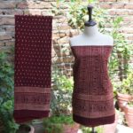 Ajrak hand block printed maroon polka dot chunri unstitched two-piece set featuring shirt and dupatta.