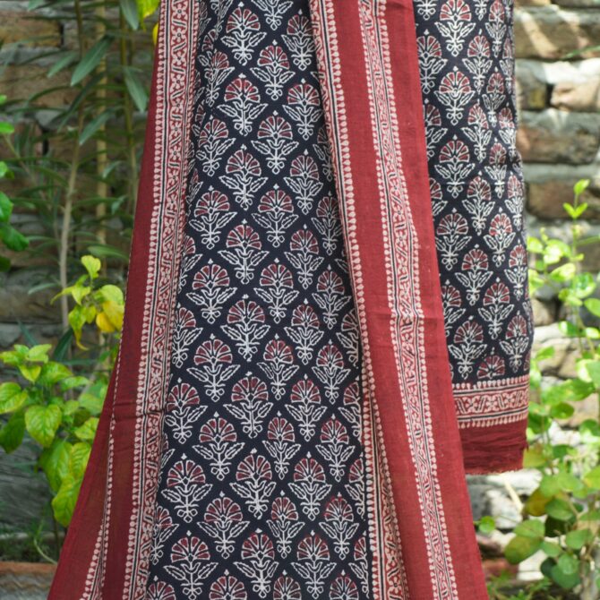 Ajrak Floral Butta Un-Stitched Two-Piece, Organic dye used in traditional Ajrak printing, promoting sustainable and environmentally friendly fashion.