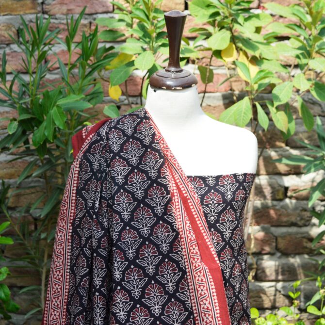 Ajrak Floral Butta, Close-up of hand block printed Ajrak patterns on breathable lawn cotton, showcasing intricate floral and geometric designs.