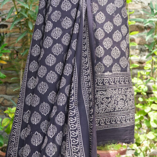 Close-up of the high-quality lawn cotton fabric showcasing the detailed hand block printing and rich black color of the Ajrak design.