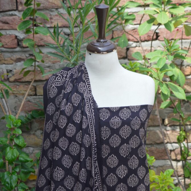 Organic Dye Hand Block Printed Ajrak Black Mukhrri Un-Stitched Two-Piece set featuring intricate floral and geometric patterns on breathable lawn cotton fabric.