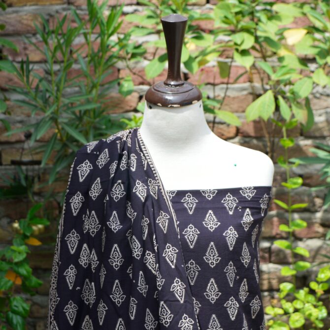 Ajrak Black Floral Butti Dress, Close-up of hand block printed Ajrak patterns on breathable lawn cotton, showcasing intricate floral and geometric designs.