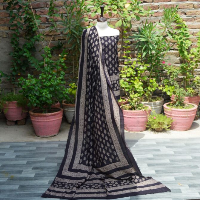 Ajrak Black Floral Butti, A traditional unstitched two-piece set with floral butta and geometric patterns in deep black and red, hand block printed using organic dyes.