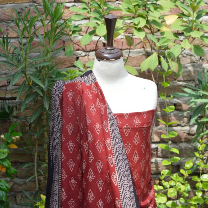 Ajrak Floral Butti Dress, Close-up of hand block printed Ajrak patterns on breathable lawn cotton, showcasing intricate floral and geometric designs.