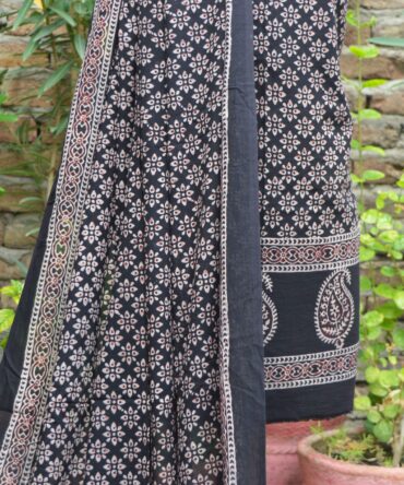 Soft, breathable Lawn cotton fabric from the Organic Dye Hand Block Printed Ajrak Black Floral set, emphasizing its luxurious texture.