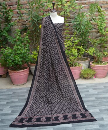 "Organic Dye Hand Block Printed Ajrak Black Floral Un-Stitched Two-Piece (Shirt and Dupatta) showcasing intricate floral and geometric designs.