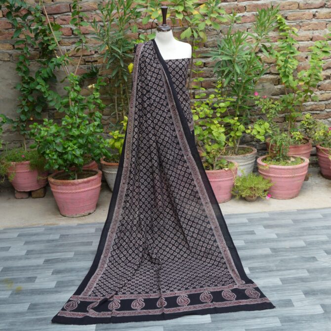 "Organic Dye Hand Block Printed Ajrak Black Floral Un-Stitched Two-Piece (Shirt and Dupatta) showcasing intricate floral and geometric designs.