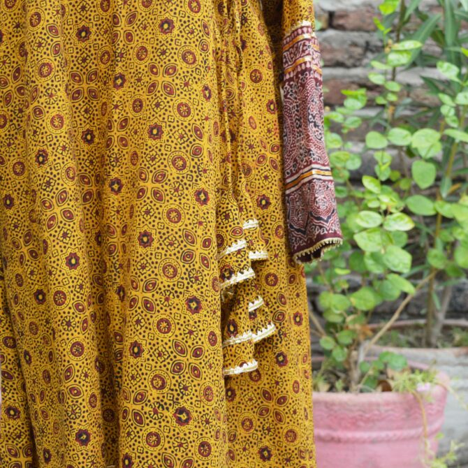 Skilled artisan handcrafting the Ajrak Ang Rakha Set, showcasing the traditional techniques used in creating this unique ensemble.