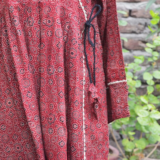 Handcrafted Ajrak Ang Rakha Frock made with eco-friendly organic dyes, reflecting sustainable fashion practices.