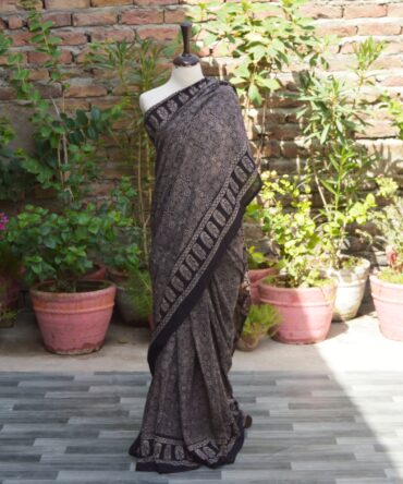 Ajrak Saree Black, Natural dye, hand block print , Ajrak