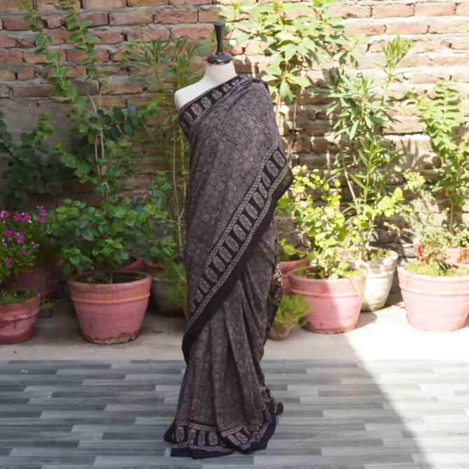 Ajrak Saree Black, Natural dye, hand block print , Ajrak