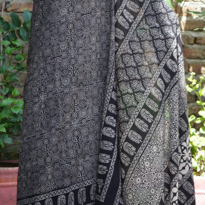 Ajrakh Saree, Ajrak Saree Black, natural dye, hand block print