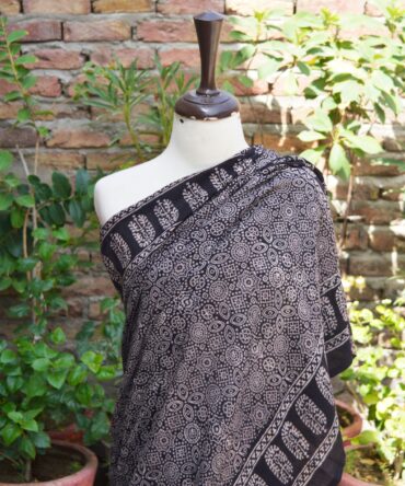 Ajrak Saree Black, Ajrakh Saree, natural dye, hand block print