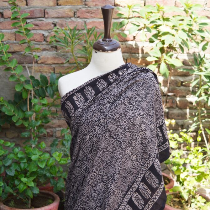 Ajrak Saree Black, Ajrakh Saree, natural dye, hand block print