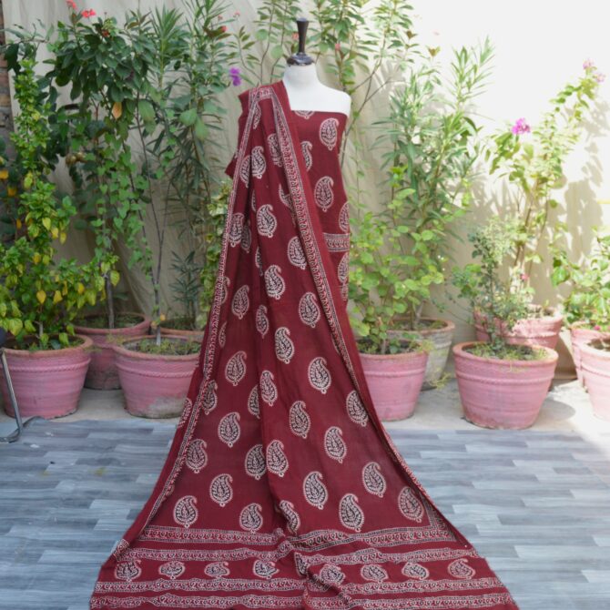 Ajrak Red Anbi Motif, Red Ajark dress, ajrak dress, block print,