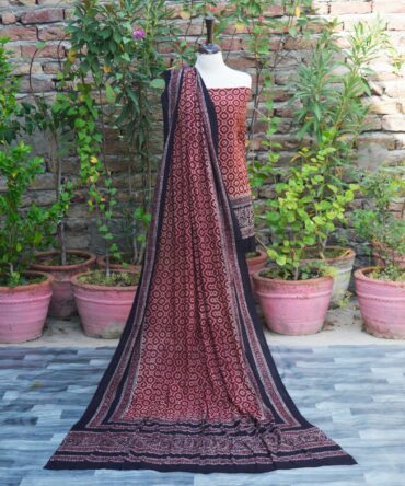 Ajrak Floral Jaal, Organic Dye Hand Block Printed Ajrak Floral Jaal Un-Stitched Two-Piece Set with shirt and dupatta in deep black and maroon, showcasing intricate floral and geometric patterns.