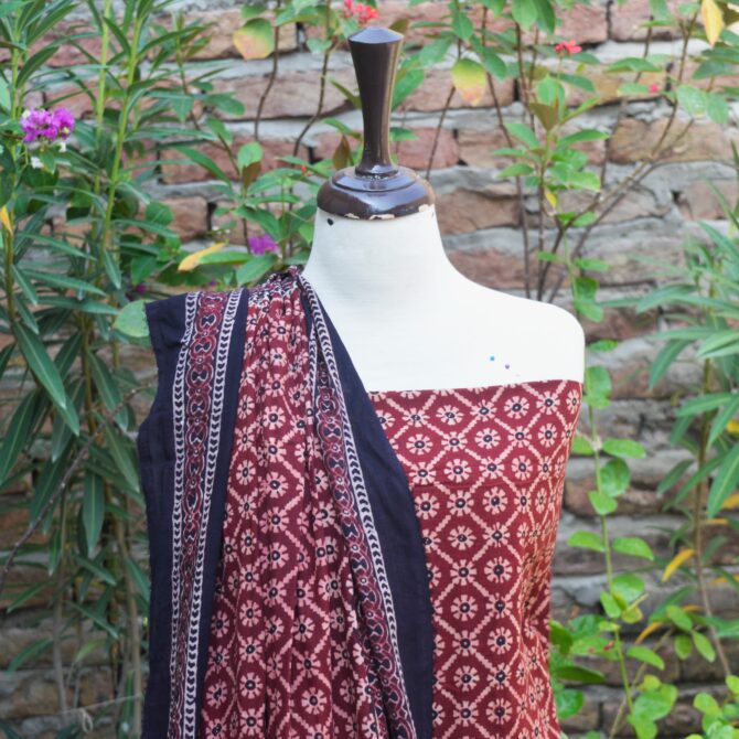 Ajrak Dress, Close-up of the hand block printed Ajrak floral jaal design in rich black and maroon, displaying the detailed craftsmanship on Lawn cotton fabric.