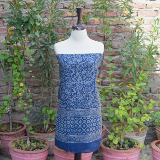 Ajrak Indigo Floral Bel, Ajrak print, Ajrak suit, eco-friendly fashion, Ethnic Wear, hand block printed suit, lawn fabric, Organic dyed suit, sustainable clothing, traditional suit, Ajrak Blue