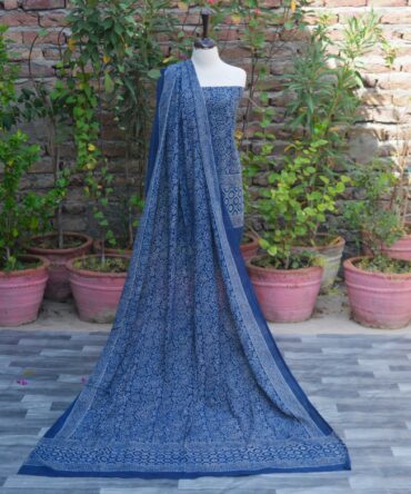 Ajrak Indigo Floral Bel, Sartiyoon, Ajrak , Blue, Ajrak print, Ajrak suit, eco-friendly fashion, Ethnic Wear, hand block printed suit, lawn fabric, Organic dyed suit, sustainable clothing, traditional suit