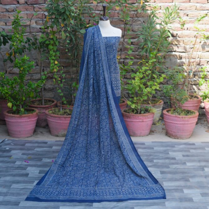 Ajrak Indigo Floral Bel, Sartiyoon, Ajrak , Blue, Ajrak print, Ajrak suit, eco-friendly fashion, Ethnic Wear, hand block printed suit, lawn fabric, Organic dyed suit, sustainable clothing, traditional suit