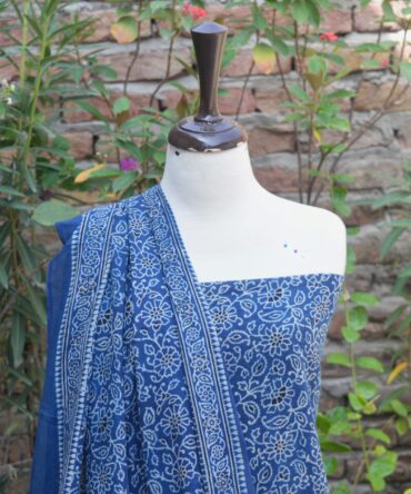 Ajrak Indigo Floral Bel, Ajrak Blue, Ajrak print, Ajrak suit, eco-friendly fashion, Ethnic Wear, hand block printed suit, lawn fabric, Organic dyed suit, sustainable clothing, traditional suit, sartiyoon