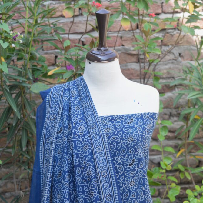 Ajrak Indigo Floral Bel, Ajrak Blue, Ajrak print, Ajrak suit, eco-friendly fashion, Ethnic Wear, hand block printed suit, lawn fabric, Organic dyed suit, sustainable clothing, traditional suit, sartiyoon