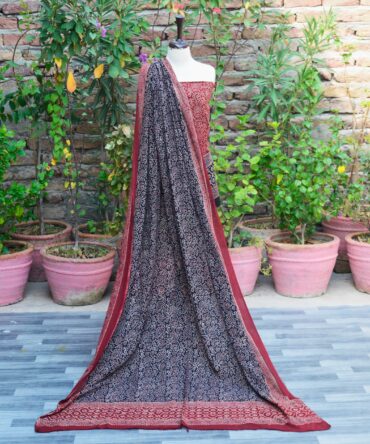 Ajrak Floral Bel Red & Black, Ajrak Red Black, Ajrak Dress, Block Print