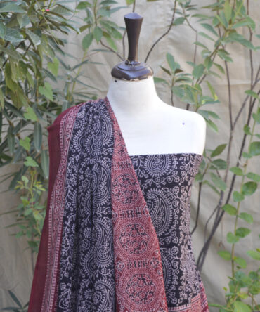 Ajrak Anbi Contrast, Ajrak Red and Black, Ajrak suit, organic dye hand block printing, traditional Sindhi fashion, Ajrak dress, sustainable fashion, Ajrak printing techniques, geometric Ajrak design, handcrafted Ajrak, eco-friendly clothing, Lawn cotton suit