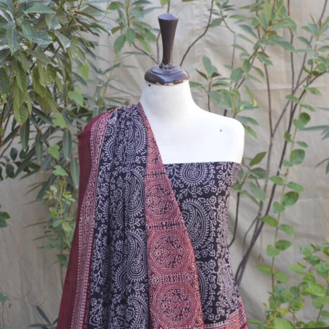 Ajrak Anbi Contrast, Ajrak Red and Black, Ajrak suit, organic dye hand block printing, traditional Sindhi fashion, Ajrak dress, sustainable fashion, Ajrak printing techniques, geometric Ajrak design, handcrafted Ajrak, eco-friendly clothing, Lawn cotton suit