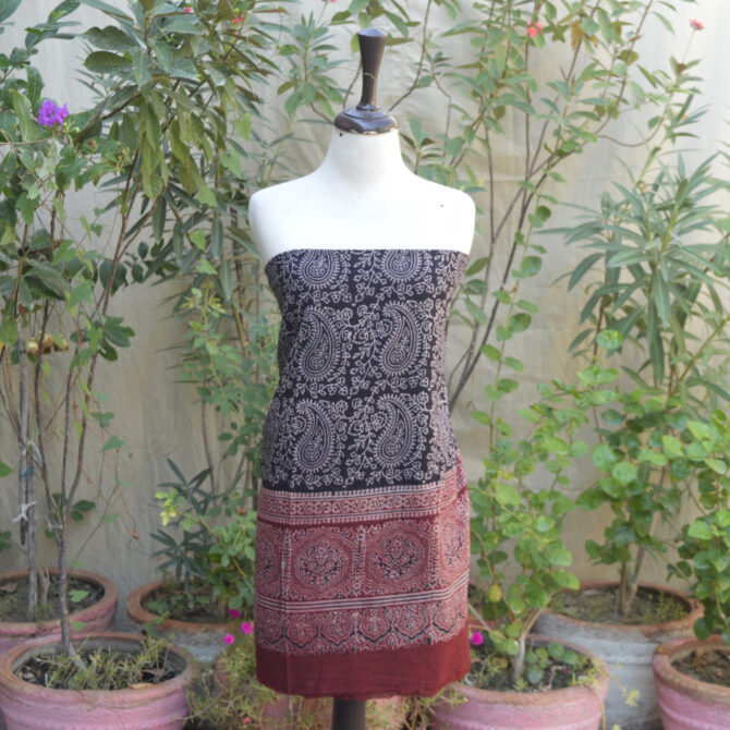 Ajrak Anbi Contrast, Ajrak Red and Black, Ajrak suit, organic dye hand block printing, traditional Sindhi fashion, Ajrak dress, sustainable fashion, Ajrak printing techniques, geometric Ajrak design, handcrafted Ajrak, eco-friendly clothing, Lawn cotton suit