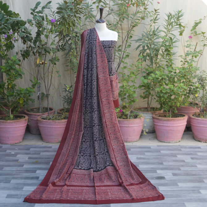 Ajrak Anbi Contrast, Ajrak Red and Black, Ajrak suit, organic dye hand block printing, traditional Sindhi fashion, Ajrak dress, sustainable fashion, Ajrak printing techniques, geometric Ajrak design, handcrafted Ajrak, eco-friendly clothing, Lawn cotton suit