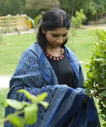 Organic Dye Hand Block Printed Chinar Leaf Ajrak Indigo Chaadar in rich indigo tones with intricate geometric and floral patterns, handcrafted by artisans.