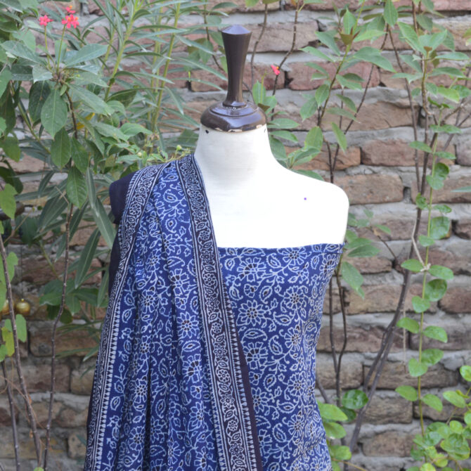 Ajrak Lawn Fabric, Eco-Conscious Clothing, eco-friendly fashion, Hand Block Printed Fabric, Handcrafted Ajrak Designs, Indigo Ajrak Floral Suit, Organic Ajrak Suit, Premium Quality Two-Piece Suit, Sustainable Dyeing Process, Traditional Ajrak Print, Ajrak Indigo, Ajrak Blue