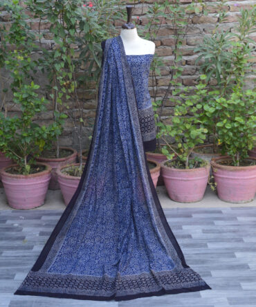 Ajrak Dress, Ajrak Block Print, Ajrak Lawn Fabric, Eco-Conscious Clothing, eco-friendly fashion, Hand Block Printed Fabric, Handcrafted Ajrak Designs, Indigo Ajrak Floral Suit, Organic Ajrak Suit, Premium Quality Two-Piece Suit, Sustainable Dyeing Process, Traditional Ajrak Print, Ajrak Indigo, Ajrak Blue