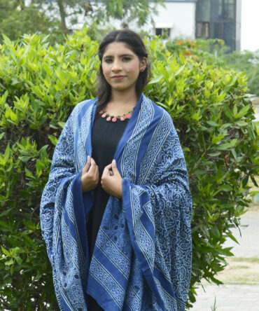 Eco-friendly hand block printed dupatta made with organic dyes from natural sources, featuring a Chinar leaf Ajrak design in deep indigo