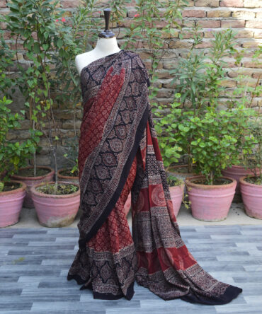 Ajrak, Floral Ajrak Saree, Ntural Dye, Hand Block Print