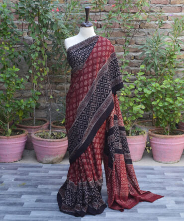 Floral Ajrak Saree, Ajrakh Sari, Natural Dye , Hand Block Print