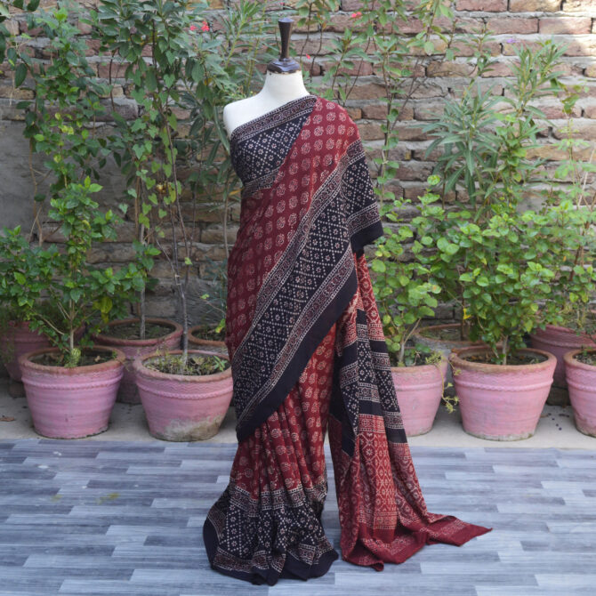 Floral Ajrak Saree, Ajrakh Sari, Natural Dye , Hand Block Print