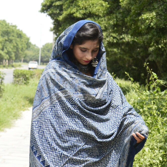 Elegant Organic Dye Hand Block Printed Ajrak Zigzag Odhni in Indigo, featuring intricate mehroonish red geometric and floral designs. The odhni measures 2.5 meters long and 44 inches wide, crafted from breathable Lawn cotton for luxurious comfort.