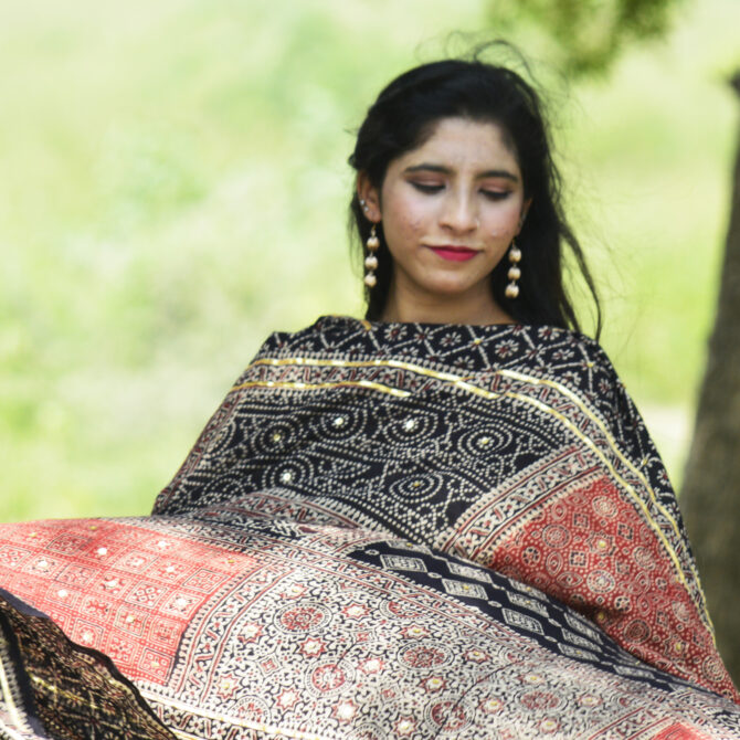 Close-up view of the hand block printing technique on the Black Ajrak Multi Blocks Classic, highlighting the intricate patterns and rich, organic black dye.