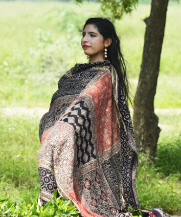 A stunning Organic Dye Hand Block Printed Black Ajrak Multi Blocks Classic odhni, showcasing intricate floral and geometric designs, draped elegantly over a model.