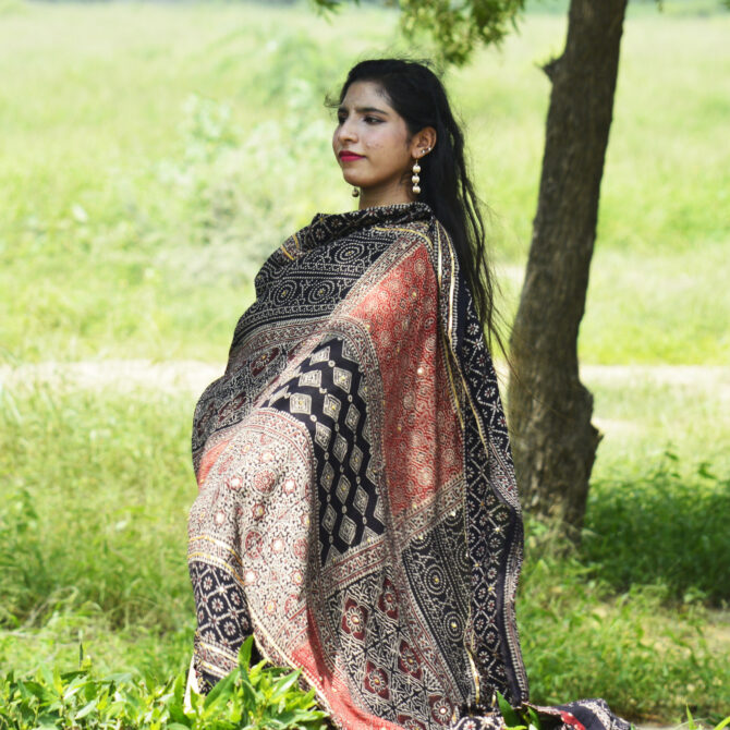 A stunning Organic Dye Hand Block Printed Black Ajrak Multi Blocks Classic odhni, showcasing intricate floral and geometric designs, draped elegantly over a model.